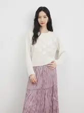 文芸刺繍デザインのウールニットトップス【立体花・ブルー・クルーネック】