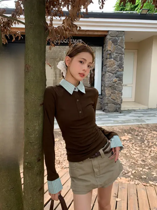 ポロ襟長袖Tシャツ【女性用・スリムフィット・秋用・スタイリッシュ】