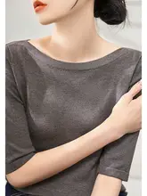 花啡色のオフショルダーコットンニットトップス【五分袖・ルーズフィット】