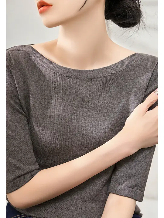 花啡色のオフショルダーコットンニットトップス【五分袖・ルーズフィット】