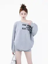 グレーのスウェットシャツ【春用・ゆったりシルエット・オフショルダー・アルファベットプリント】