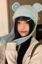 かわいいレースリボン付きクマ耳帽子【秋冬用・タートルネック・編み模様】
