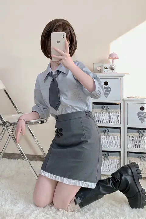 オリジナルJK制服【高めのウエストスカート・学院風・スリムシャツ】（セットアップ対応）
