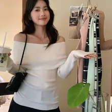 レディース ストライプニットトップス【オフショルダー・春季・したスタイル】