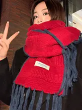 赤いフリンジニットスカーフ【冬用・保温・防寒】（セットアップ対応）