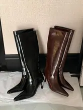 本革ボルドー色のハイヒールブーツ【細いヒール・スリムフィット・ロングブーツ・大人の女性向け】