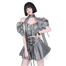 液体メタル風シルバー＆ブラック可愛いパフスリーブオフショルダートップスとボリュームスカート（セットアップ対応）