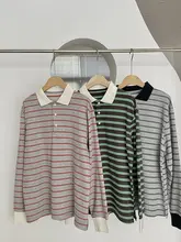 学院風ポロ襟秋用長袖Tシャツ【横縞・体型カバー・ゆったりデザイン】