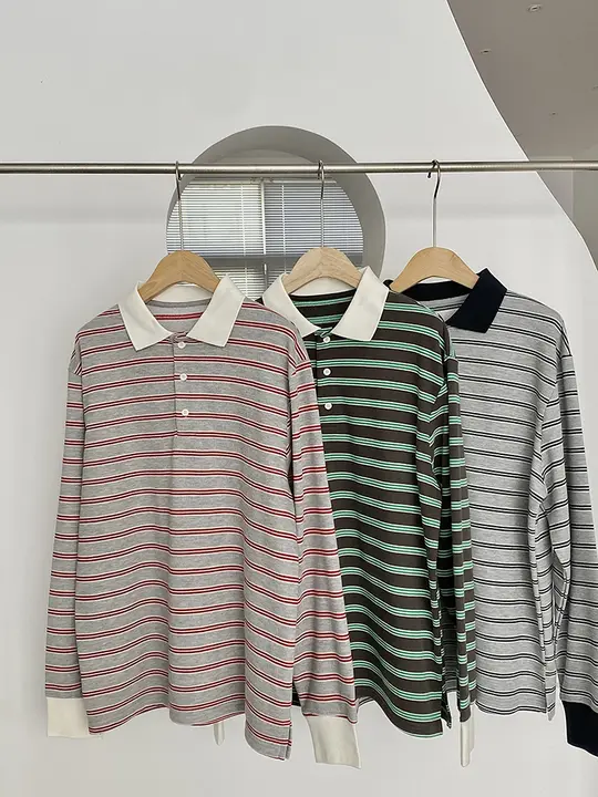 学院風ポロ襟秋用長袖Tシャツ【横縞・体型カバー・ゆったりデザイン】