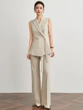夏用 薄緑色 ノースリーブジャケット&ワイドパンツ【ビジネスシーン・会議用】（セットアップ対応）
