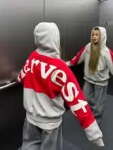 アメリカンヴィンテージスタイル カラーブロックのルーズフィットフード付きパーカー【カップル向け・フリース裏地・長袖】（セットアップ対応）
