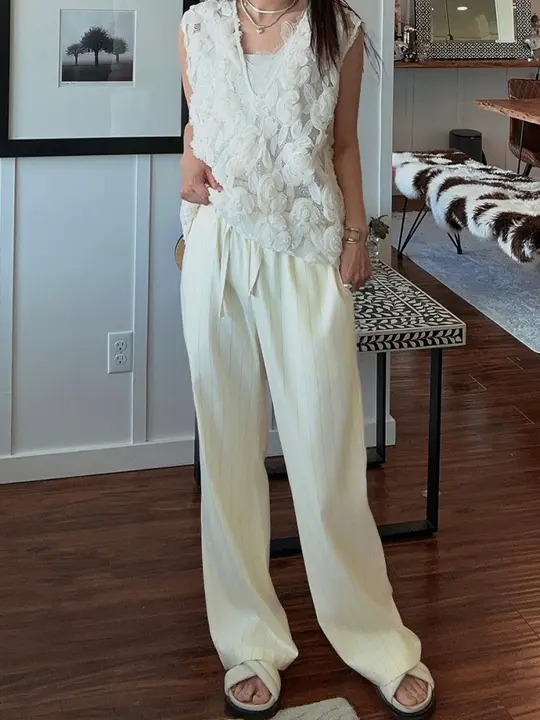 ネイビーのクラシックストライプワイドパンツ【極上の柔らかさ・感】