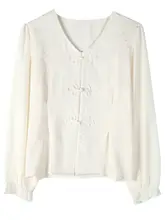 国風ボタン付きシフォンシャツ【長袖・春用・ウエスト絞り・ショート丈】