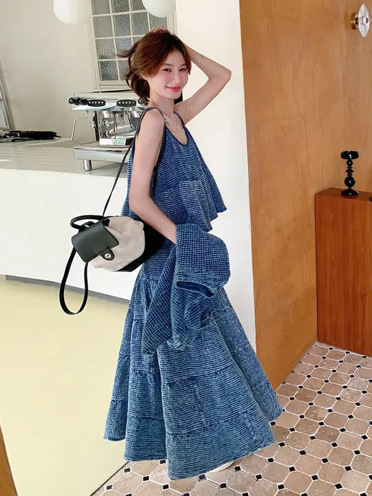 おしゃれなデニムカーディガンとキャミワンピース【春夏用・スリムフィット・三点セット・セットアップ対応】