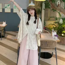 フラワープリントのゆったり短袖シャツとワイドパンツ【韓国風・カジュアルスタイル】（セットアップ対応）