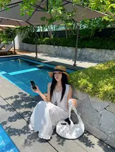 レディース 夏用 白色 フリルデザイン コットンマキシドレス【シンプル・リゾートスタイル】