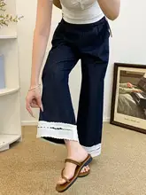 レーストリムのワイドレッグデニムパンツ【女性用・薄手・大きいサイズ・フィット】