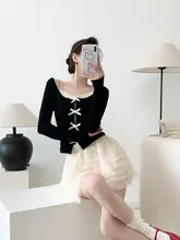 バレリーナスタイルのリボン付きフィットニットトップス【フェミニンデザ イン・半袖・シンプル】（セットアップ対応）