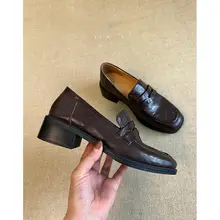 本革製レトロローファーシューズ【女性用・粗めヒール・ソフトラムスキン・通勤にも最適・イギリス風】