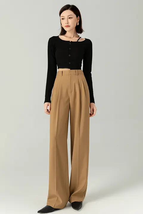 洗えるストレッチウールテーパードパンツ【高腰・ワイドレッグ・レディース】