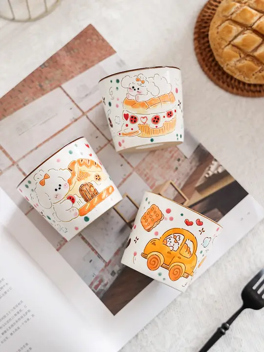 かわいいカートンデザインの陶器製マグカップ【高品質・朝食用】