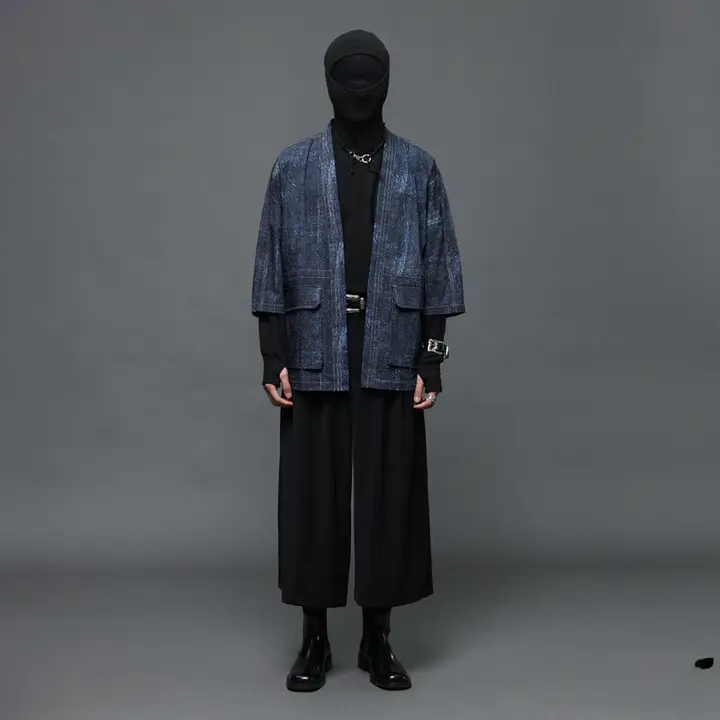 和風デザインのブルーダイ染め男女兼用道袍【七分袖・フィット】