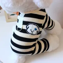 子犬 服 製品 テディ 四脚服 ブラックホワイト ストライプ 保温 丸首 秋物