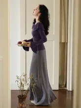秋の法式デザイン紫色ニットロングスカート【感・ウール製】
