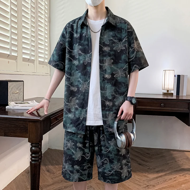 夏用花柄デザインの冰絲短袖シャツとカジュアルパンツ【軽量・スタイル】（セットアップ対応）