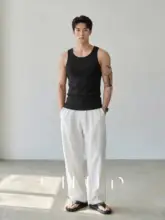 リネン混紡の夏用メンズタンクトップ【縦ストライプ・スリムフィット・クール感】