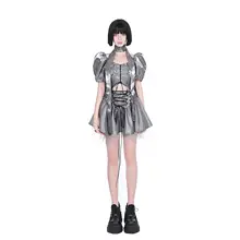 液体メタル風シルバー＆ブラック可愛いパフスリーブオフショルダートップスとボリュームスカート（セットアップ対応）