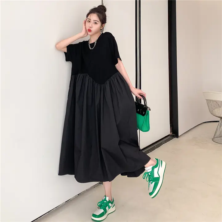 Tシャツ風デザインの不規則Aラインマタニティドレス【夏用・ゆったり・ミドル丈】（セットアップ対応）