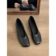 牛革製 スクエアトゥ太ヒールの浅口パンプス【疲れにくい・ブラック・スリップオン】