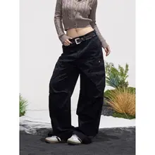 レディース 工装パンツ【ブラック・ワイドレッグ・多ポケット・フィット】（セットアップ対応）