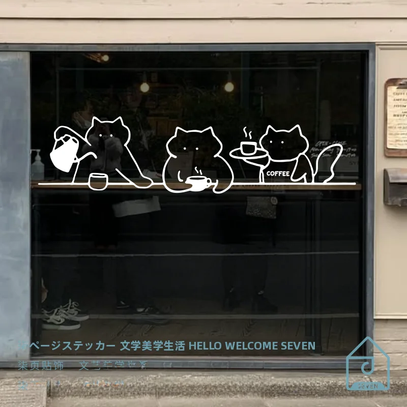 猫のラインアートデザインのウォールステッカー【猫カフェ・店舗用・ガラス窓装飾】