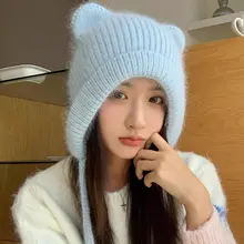 カートゥーン耳付きウサギファー編みニット帽【秋冬用・暖かい・保護耳】