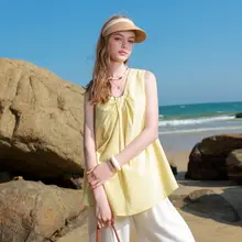 ノースリーブトップス レディース Vネック ねじりデザイン ブルー ゆったり 夏