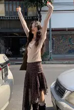大人の魅力を引き立てる！不規則チェックデザインのハイウエストスカート【夏用・ミディ丈】