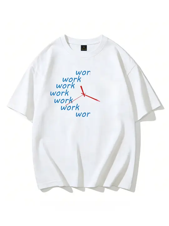デザイン性のある時計プリント 半袖コットンTシャツ【ユニセックス・ゆったりシルエット・カジュアル用】