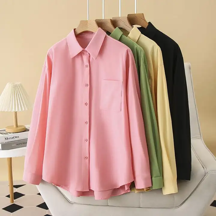 女性用 大きいサイズの春秋新作 シンプルな長袖シャツ【ポケット付き・ビッグシルエット】