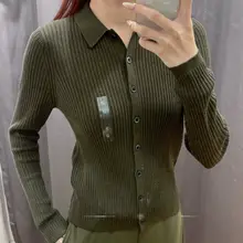 ポロ襟リブ編みニットカーディガン【長袖・無地・女性用】