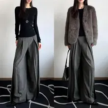 高身長向けグレーのワイドパンツ【ハイウエスト・ゆったり・カジュアル・超ロング】（セットアップ対応）