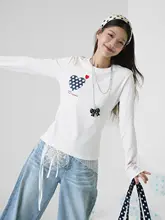 秋用ドット柄ハート刺繍長袖トップス【スリムフィット・女性用】