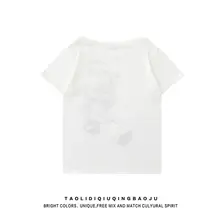 Y2Kスタイルのドールプリント半袖Tシャツ【フィット・透け感・斜め肩デザイン】