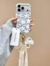 シンプルで清新な白い花とリボンのチャーム付きiPhoneケース【全包の保護カバー・女性用】