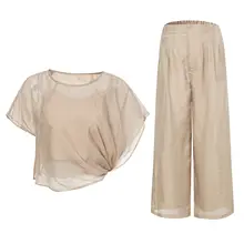 夏の女性用ファッション【独特デザイン・青いトップス・ワイドパンツ・登場】（セットアップ対応）