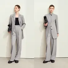 高級通勤風リネン混紡立襟ジャケットとワイドパンツ【女性用・秋用・二点セットアップ対応】