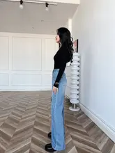 高級感ある浅青色ハイウエストストレートデニムパンツ【ノンストレッチ・柔らかい・スリム効果】