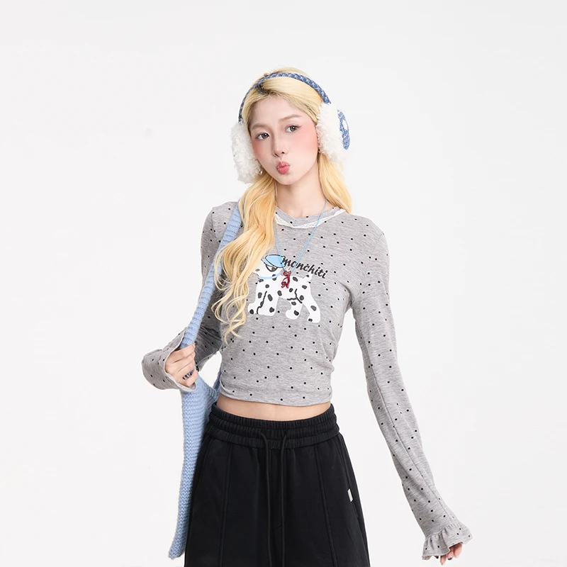 犬のプリントドット柄長袖Tシャツ【レトロ・秋用・女性用・スリムフィット】