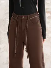 レトロなコーヒー色のハイウエストストレートワイドパンツ【秋用・ウエストベルト付き】（セットアップ対応）